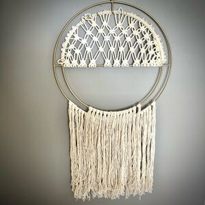 World Market Cream Cotton Macrame Double Gold Circle Hoop Dreamcatcher Wall Art